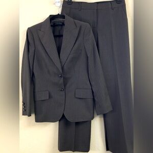 Ann Klein Wool Pantsuit Size 8 Petite Pinstripe Brown Work Career Wear Office
